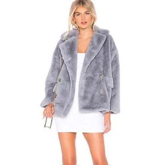 Free People Kate Faux Fur Coat Cloudy Day Gray Faux Fur Double Breasted Jacket